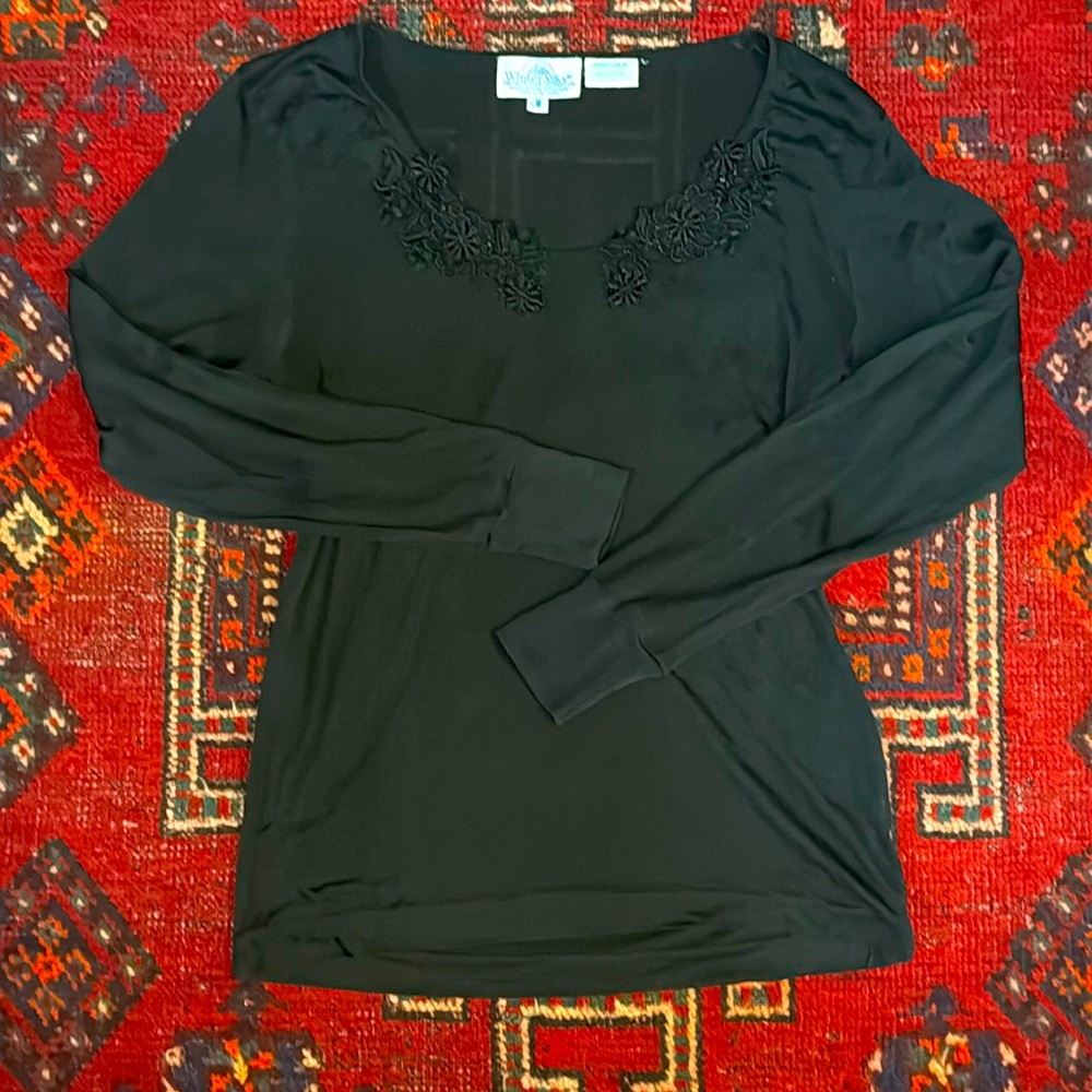 Vintage 90’s Winter Silks 100% silk black lace floral embroidered long sleeve